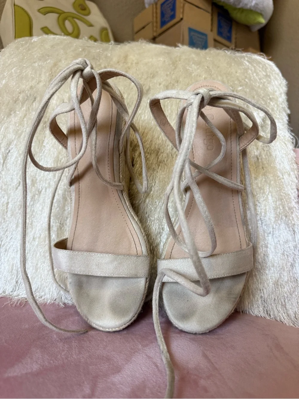 Lace-Up Espadrille Wedge Sandals - Neutral Beige Size 7.5